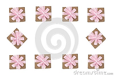 Decorative frame of gift boxes on white background. Stock Photo