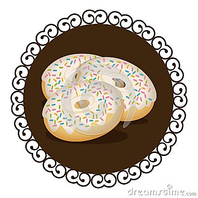 decorative frame with set donuts with strawberry glazed and colored sparks Cartoon Illustration