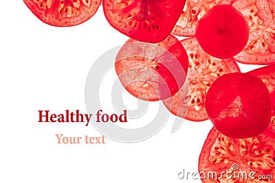 Decorative frame of slices of tomatoes on a white background. Isolated. Tomatoes sliced circles. Frame, border from vegetables. Stock Photo