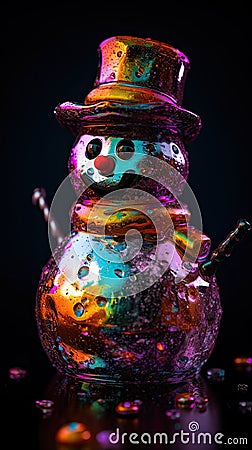 Decorative funny figures of a snowmans in winter Christmas festive landscape with lights. AI generated Stock Photo