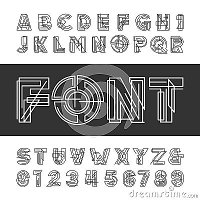 Decorative geometric alphabet font. Type letters and numbers. Vector Illustration