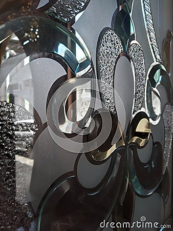 The decorative glass door on the close up shot in the morning Stock Photo