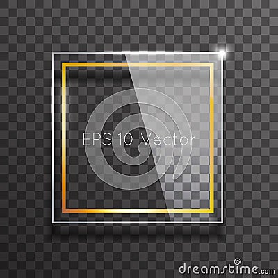 Decorative glass frame glossy golden square mockup luxurious decoration with shadow transparent background vector Vector Illustration