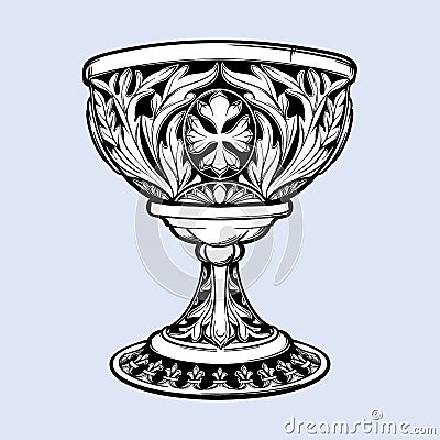 Decorative Goblet. Medieval gothic style concept art. Design element. Black a nd white drawing isolated on grey Vector Illustration