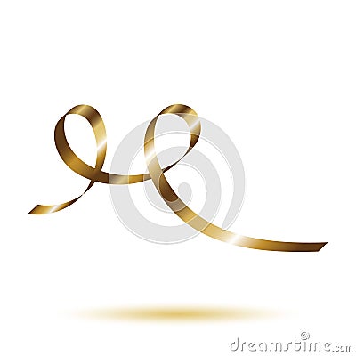 Decorative gold curling ribbon element. Christmas, New year, Birthday, Valentine`s, Wedding, Holiday or Event decoration. Vector Illustration