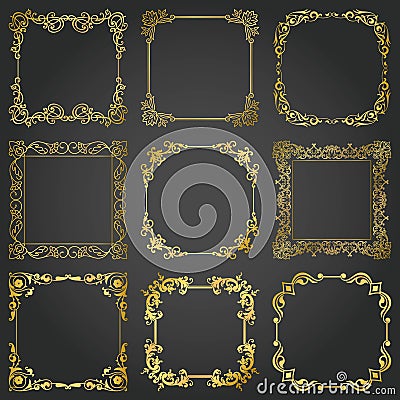 Decorative gold frames and borders square set vector Vector Illustration