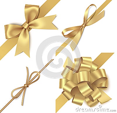 Decorative golden bow with diagonally ribbon for corner decor. New year holiday decorations set. Vector illustration Vector Illustration