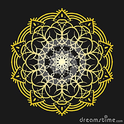 Decorative golden gradient mandala with floral elements isolated on dark background. Indian design element decorative vector Stock Photo