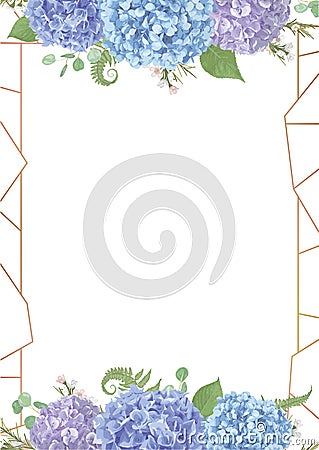 Decorative golden rectangular frame with.leaves, branches eucalyptus, gaultheria, salal, chamaelaucium, fern.Blue, purple, of Vector Illustration