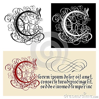 Decorative Gothic Letter C. Uncial Fraktur calligraphy. Vector Illustration