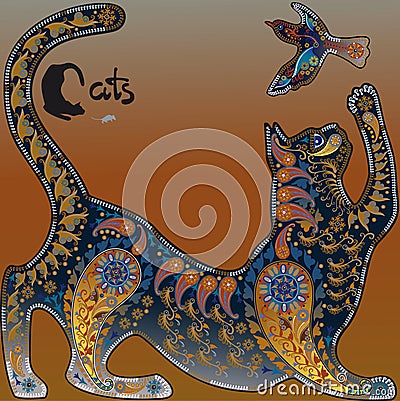 Decorative graphic image, a cat playing with a bird Vector Illustration