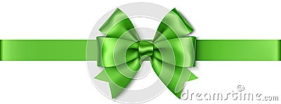 Decorative green double bow with realistic shadow and horizontal ribbon isolated on white background. Vector Illustration