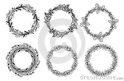 Decorative greeting wreaths. Christmas collection. Hand drawn illustration. Design elements. Vector Illustration
