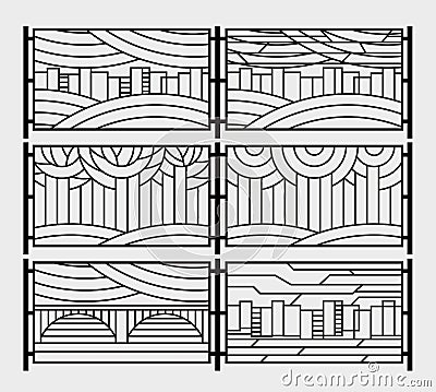 Decorative grill for a fence or a fireplace grate. Stylized city, river, bridge, sky, trees in the park Vector Illustration