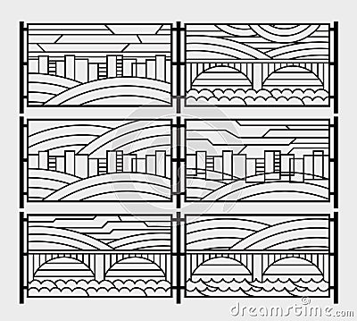 Decorative grill for a fence or a fireplace grate. Stylized graphics city, river, bridge, sky Vector Illustration