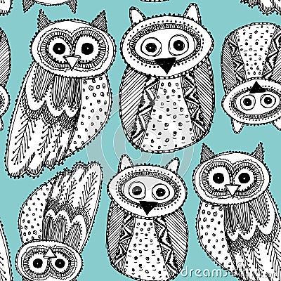 Decorative Hand dravn Cute Owl Sketch Doodle black blue seamless pattern Vector Illustration