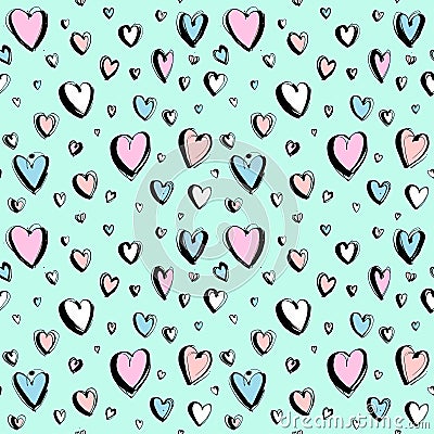Decorative hand drawn Happy Valentine`s day seamless hearts pattern background Cartoon Illustration