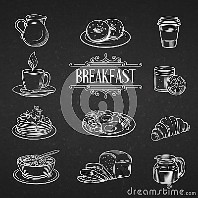 Decorative hand drawn icons breakfast foods Vector Illustration