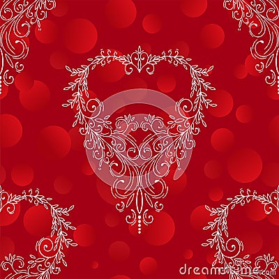 Decorative hand drawn openwork vector heart with curls and small circles on a red shining glitter bokeh background. Festive Vector Illustration