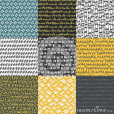 Decorative hand drawn seamless patterns. Vector Illustration