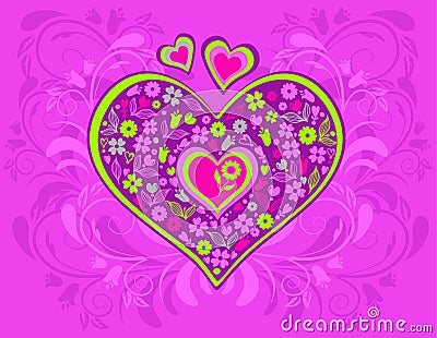 Decorative heart with flowers on pink background. Abstract illustration about love and relationships. Valentine`s day card. Vector Vector Illustration