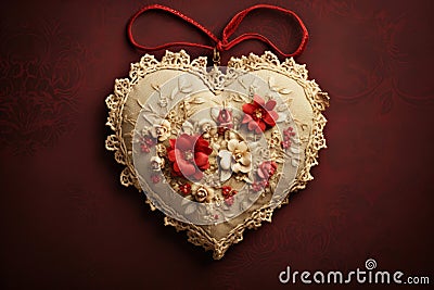 Decorative heart with red flowers against a rich velvet background in retro vintage style. Love concept Stock Photo