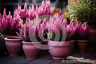 Decorative heather calluna in clay pots Stock Photo