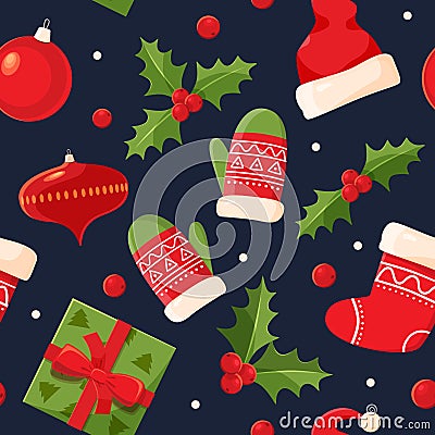 Decorative holiday symbols: holly, mittens, gifts, felt boots. Vector Illustration