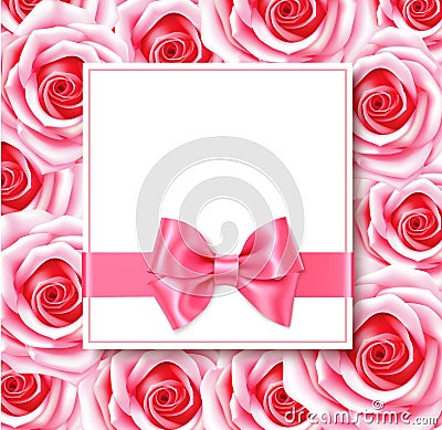 Decorative holiday template with pink roses, bow and horizontal ribbon. Vector frame with flowers. Spring tag. Vector Illustration