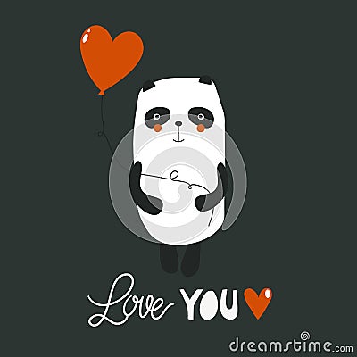 Decorative illustration, happy panda, heart, english text. Colorful background, funny animal. Love you Vector Illustration