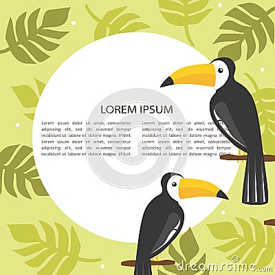 Decorative illustration with toucans, palm leaves and place for text. Colorful background, birds, garden Vector Illustration