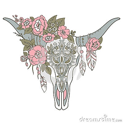 Decorative Indian bull skull with ethnic ornament, flowers and l Cartoon Illustration