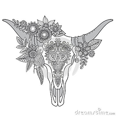 Decorative Indian bull skull with ethnic ornament, flowers and l Vector Illustration