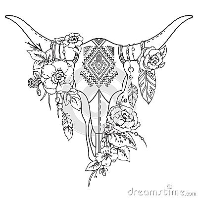 Decorative Indian bull skull with ethnic ornament, flowers and le Vector Illustration