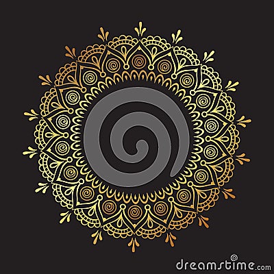 Decorative Indian round lace ornate gold mandala isolated over black background art frame design vector illustration. Vector Illustration