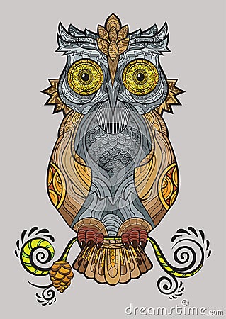 Decorative isolated owl on the branch Vector Illustration