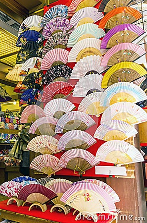 Decorative japanese fans for sale in a shop in Japan Stock Photo
