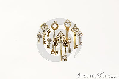 Decorative keys of different sizes, stylized antique. Stock Photo