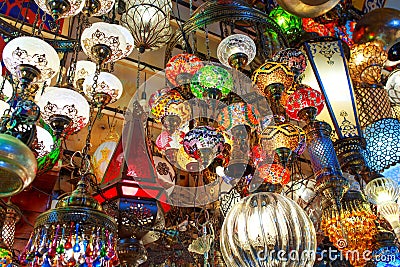 Decorative lamps, colorful mosaic on turkish bazaar. Stock Photo