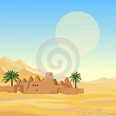 Decorative landscape - desert, mountains, African ancient mosque from clay. Vector Illustration