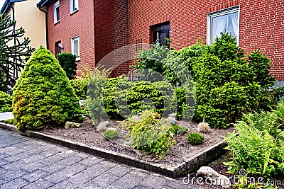 Decorative landscape in the form of green bushes and stones in front of a brick house in Germany Stock Photo