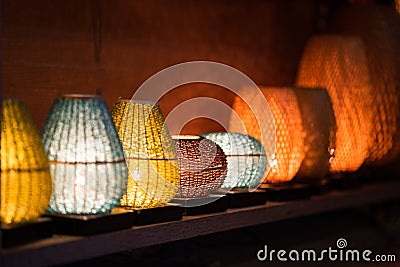 Decorative lanterns made of handicraft bamboo braid basket in Hoi An ancient town, Vietnam Stock Photo
