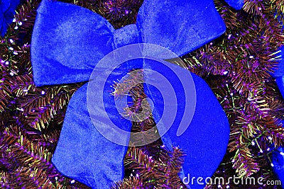 Decorative large blue bows on green Christmas tree Stock Photo