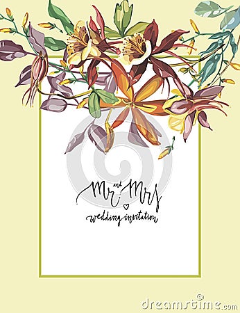 Decorative letter - Mr and mrs. Summer flower Crocosmia, Aquilegia frame in a watercolor style isolated. Aquarelle Vector Illustration