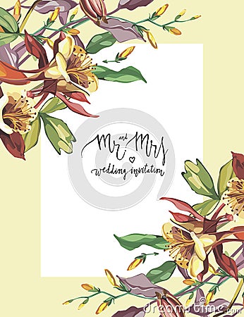 Decorative letter - Mr and mrs. Summer flower Crocosmia, Aquilegia frame in a watercolor style isolated. Aquarelle Vector Illustration