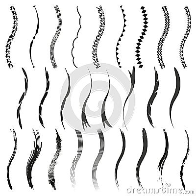 Decorative line brush set. Various black strokes and patterns. Curved and dynamic shapes. Bold artistic design. Vector Illustration