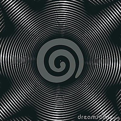 Decorative lined hypnotic contrast background. Optical illusion, creative black and white graphic moire backdrop. Vector Illustration