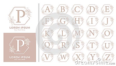 Decorative luxury wedding monogram logo alphabet set. floral frame for branding logo and invitation card design Vector Illustration