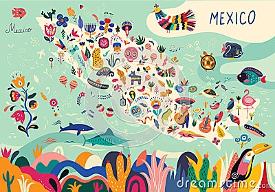 Map of Mexico with traditional symbols and decorative elements. Stock Photo