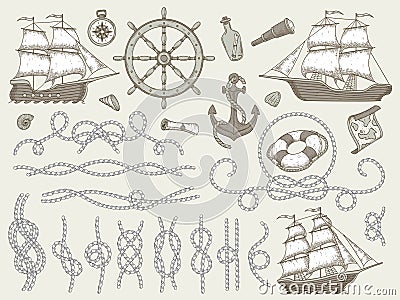 Decorative marine elements. Sea rope frames, sailing boat or nautic ship steering wheel and nautical ropes corners vector set Stock Photo